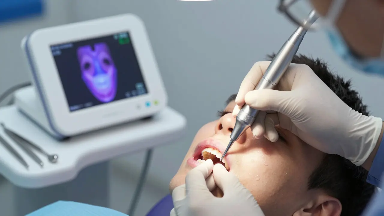Dentist připravuje zub na veneer s jemným odbroušením a digitálním skenerem.