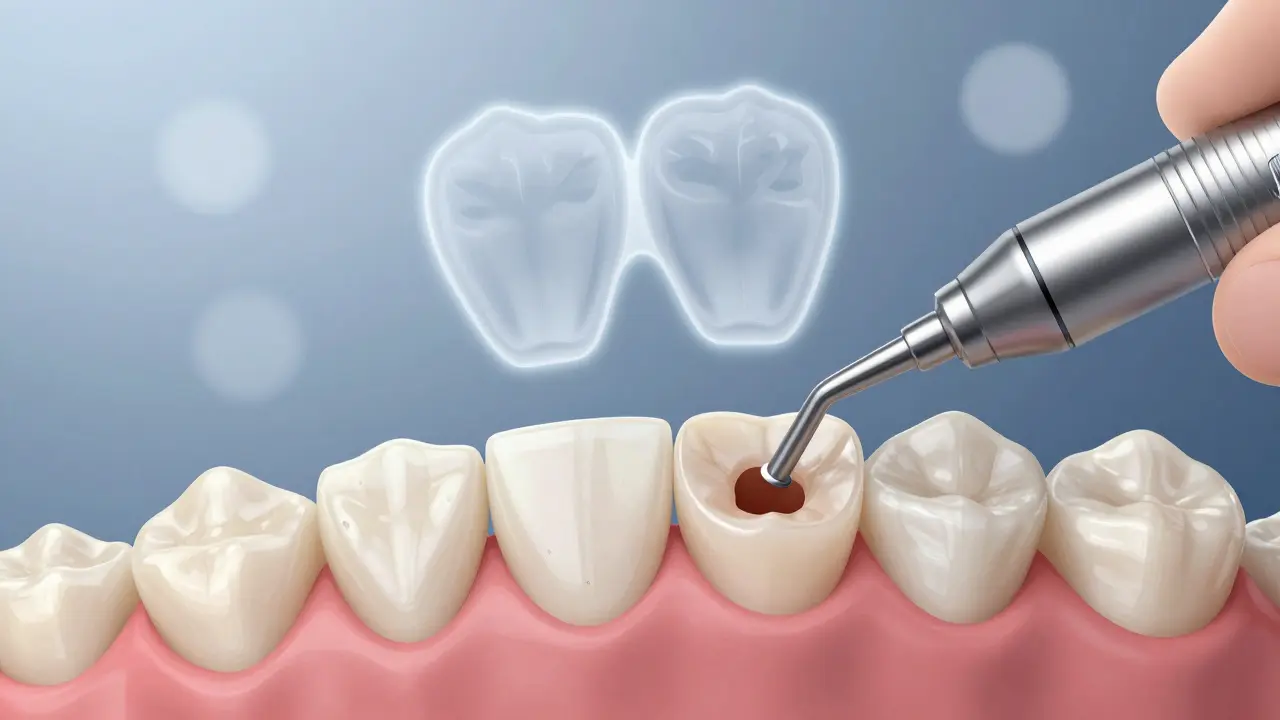 Detailní ilustrace zubu během přípravy na keramickou fazetu s tenkou vrstvou emalové tkáně.