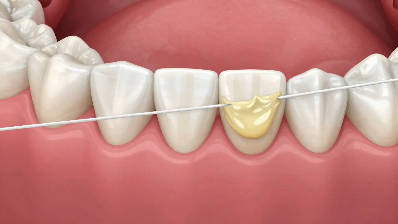 Detailní zobrazení plaku mezi zuby a jemné zubní niti, která ho odstraňuje.