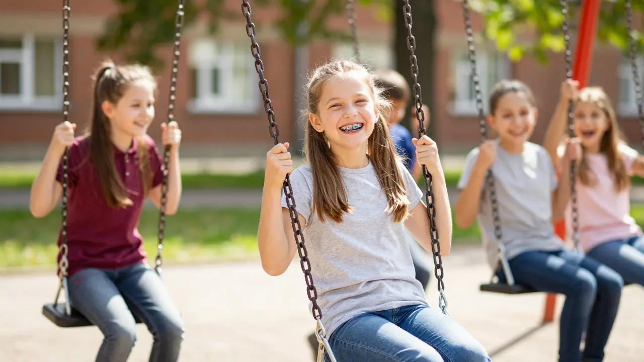 Děti se smějí na hřišti, jedna z nich má barevné gumičky na zubech.