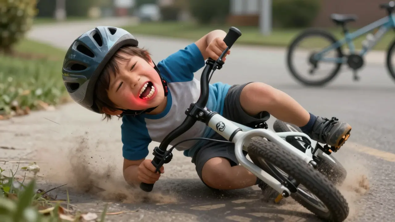 Dítě při pádu na kole, kdy mu vypadá přední zub.