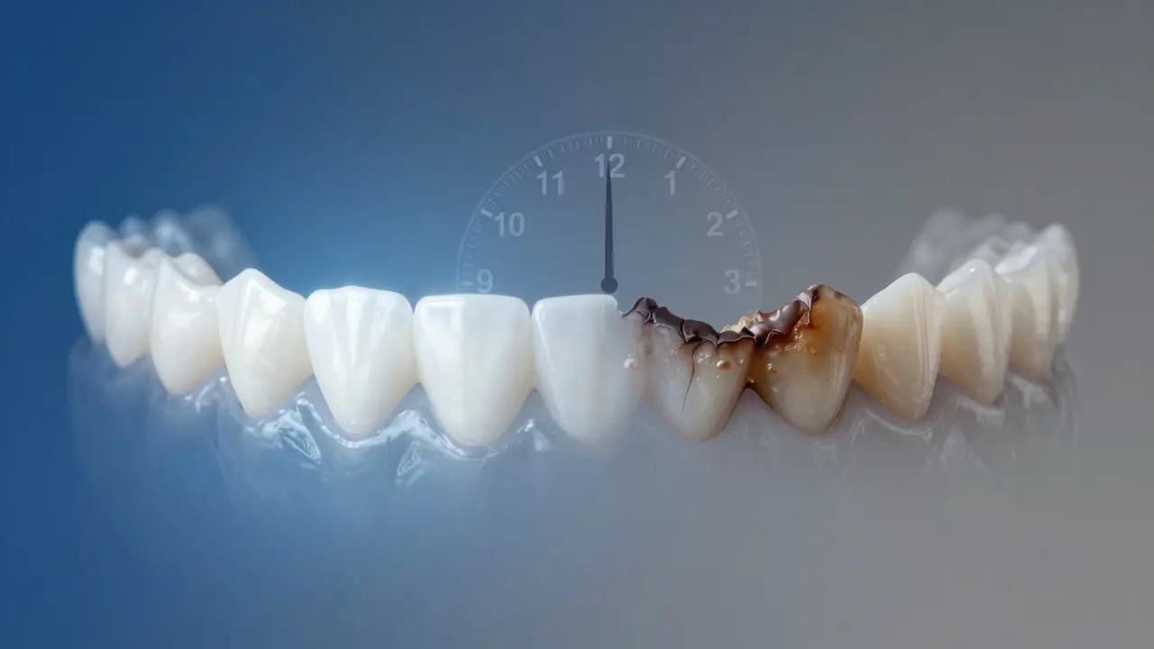 Dvojité expozice: zdravé vs. poškozené přední zuby s ukázkou ztráty kosti.