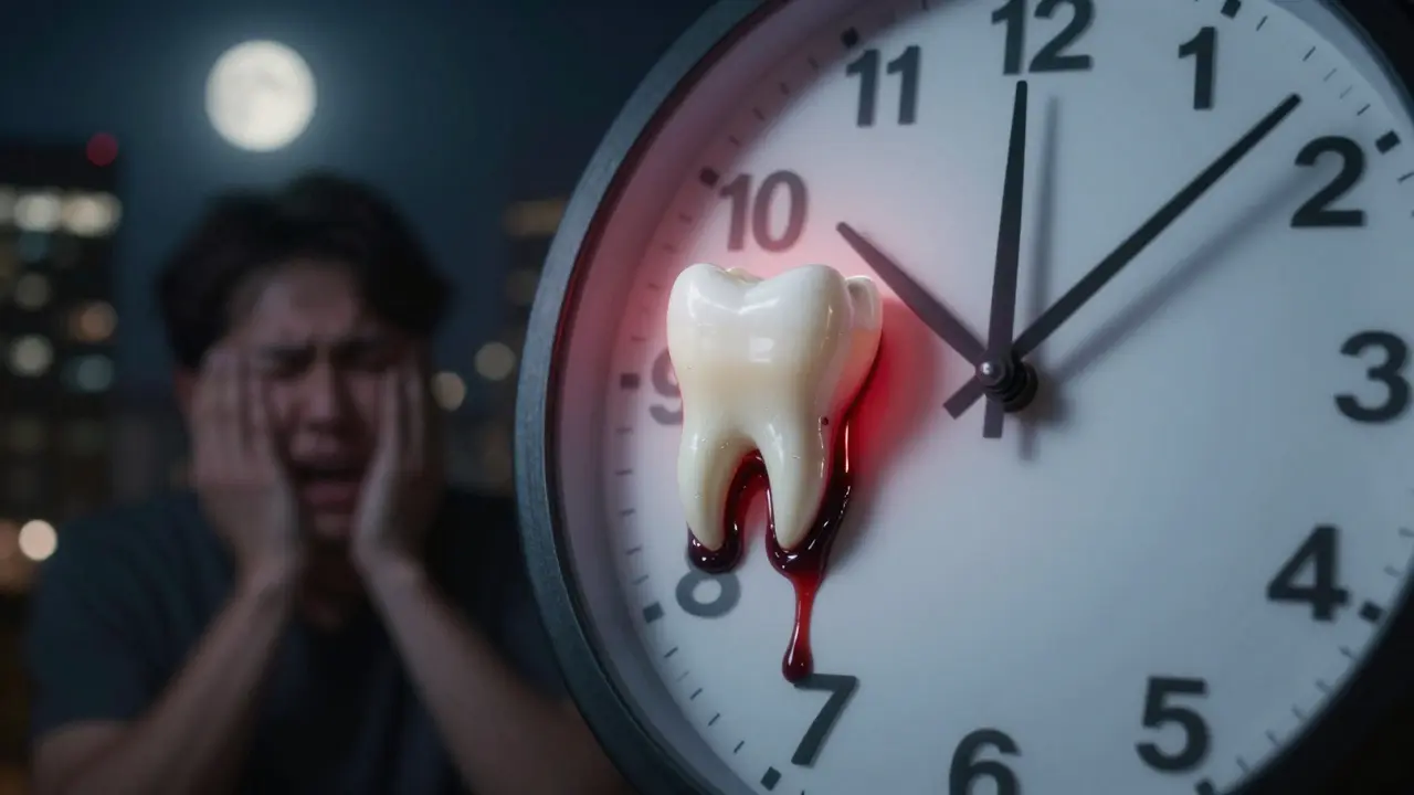 Hodiny s zubem jako ručičkou, symbolizující časový tlak při zánětu dřeně.