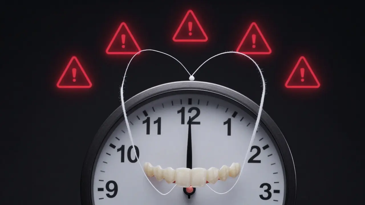 Hodiny ukazují 21:00, kolem nich floss tvoří ochranný kruh kolem zubů.