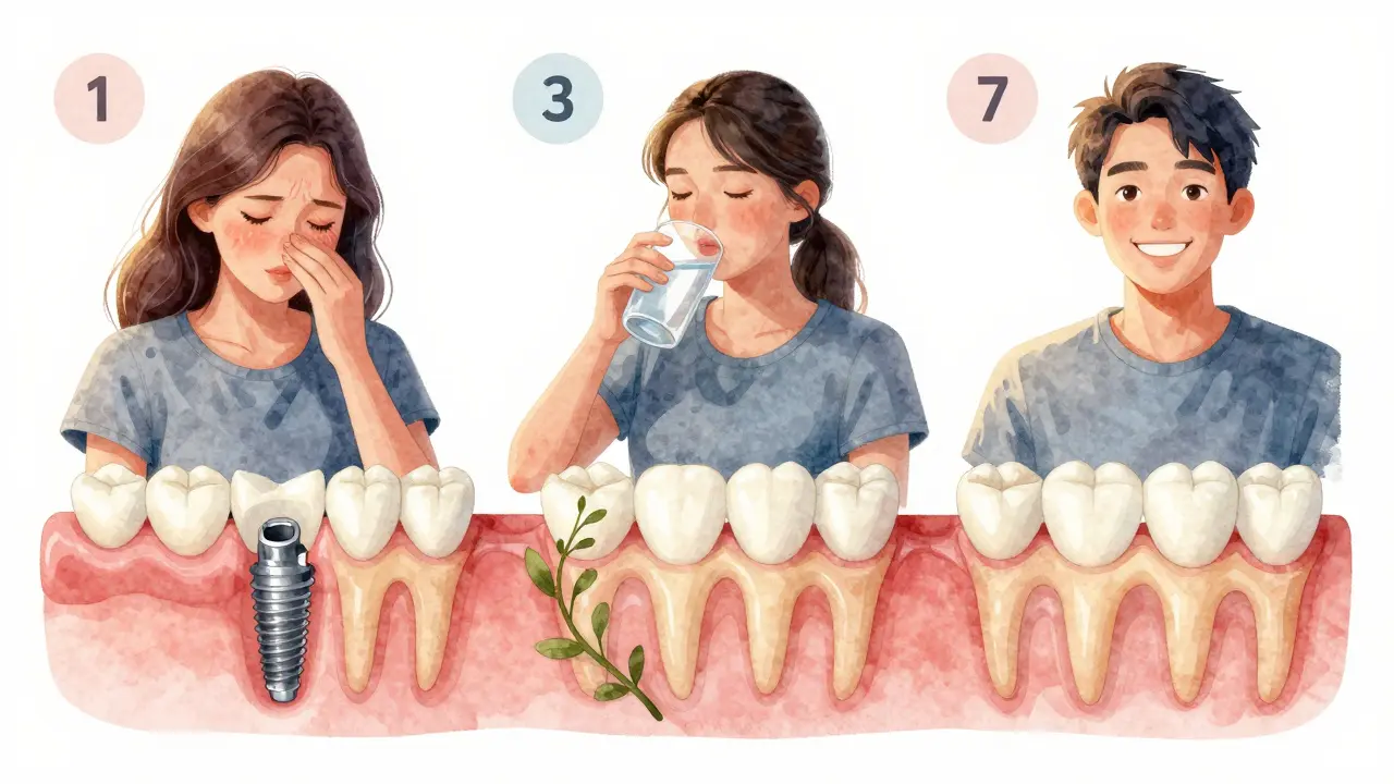 Ilustrace hojení po implantaci: den 1, den 3 a den 7 s postupným zlepšováním.