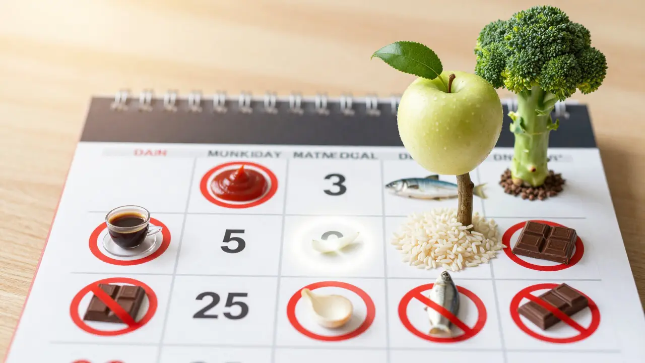 Kalendář s prvními třemi dny označenými jako bílý týden, kolem něj zakázané tmavé potraviny a růst bílých potravin jako symbol udržení bílých zubů.