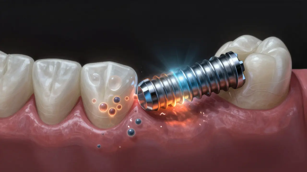 Konceptuální obraz, jak kost roste kolem titanového implantátu v čelisti.