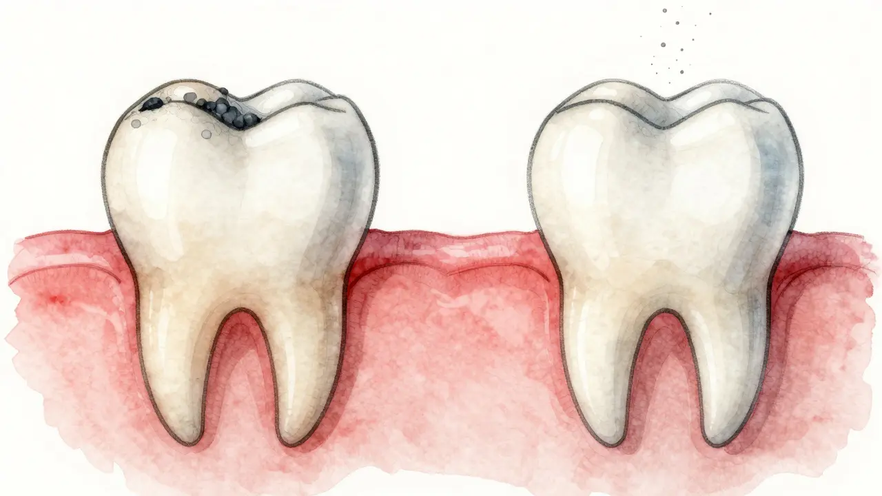 Kontrast mezi zubem s kamenem a čistým zubem po pískování.