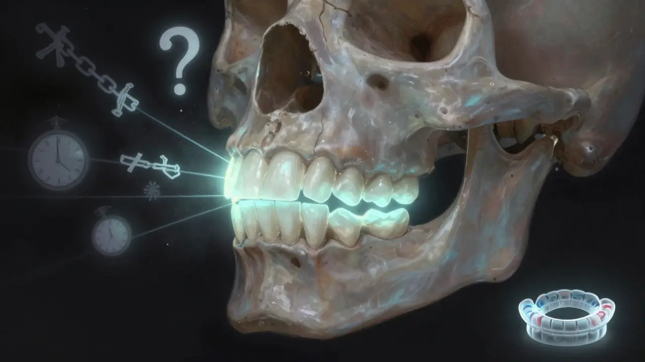 Kost čelisti s pohybujícími se zuby, které se vyrovnávají pod vlivem neviditelných sil, symbolizujících pravdu.