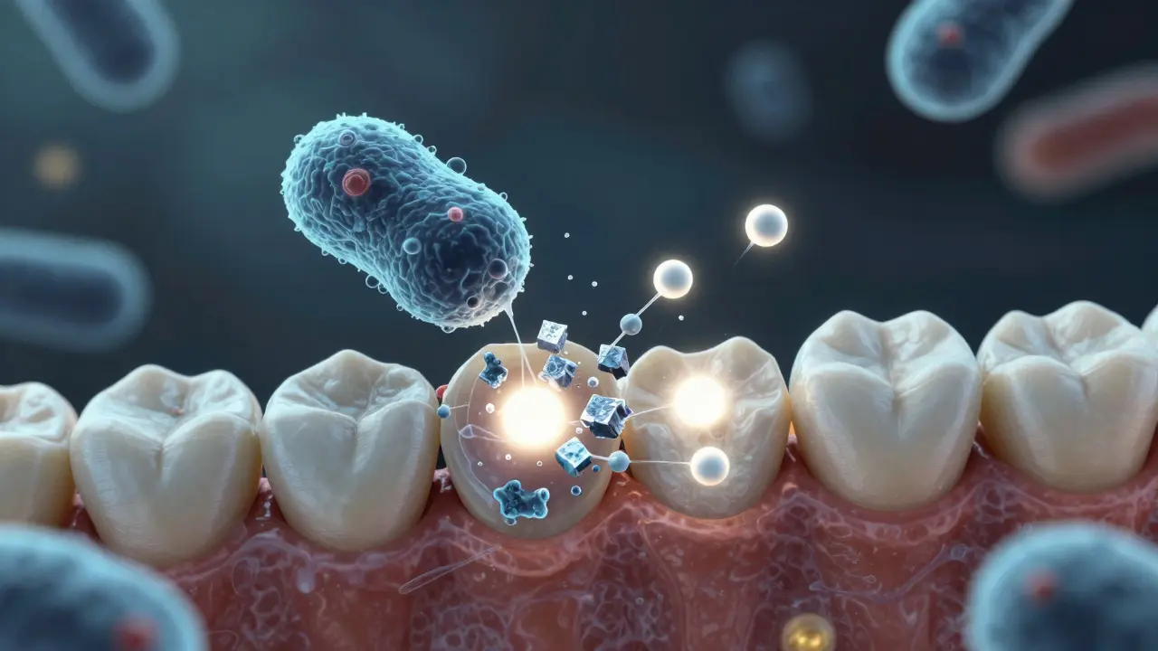 Mikroskopické bakterie v plaku rozkládají minerály ze skloviny zubu.