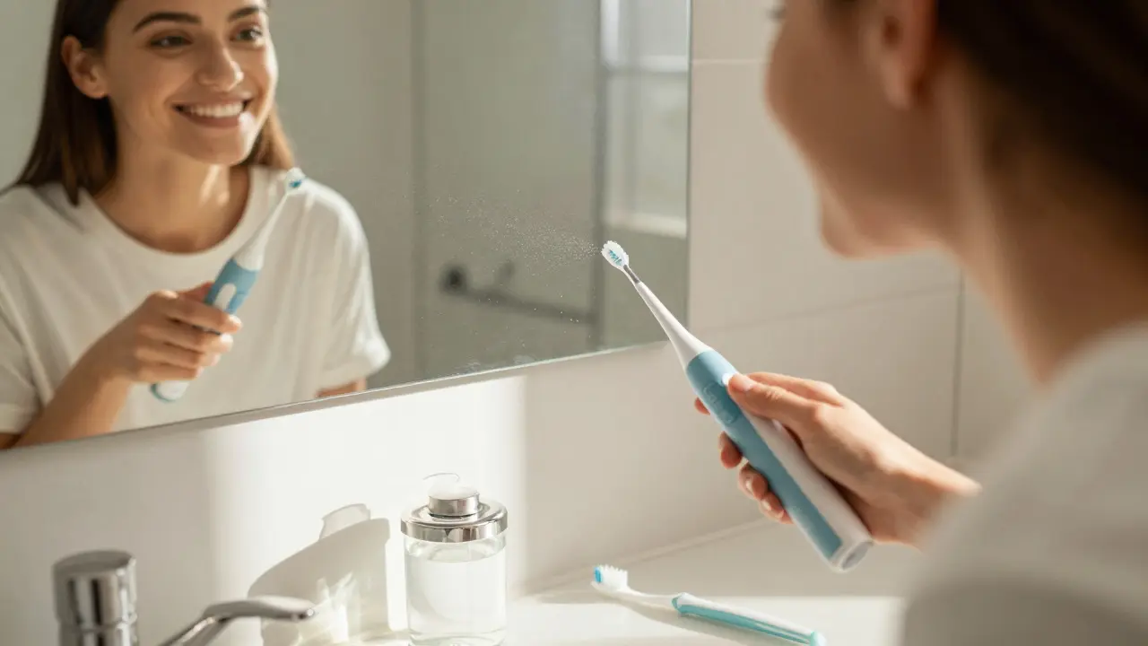 Osoba používá ultrazvukový čistič zubů doma jako součást denní hygieny.