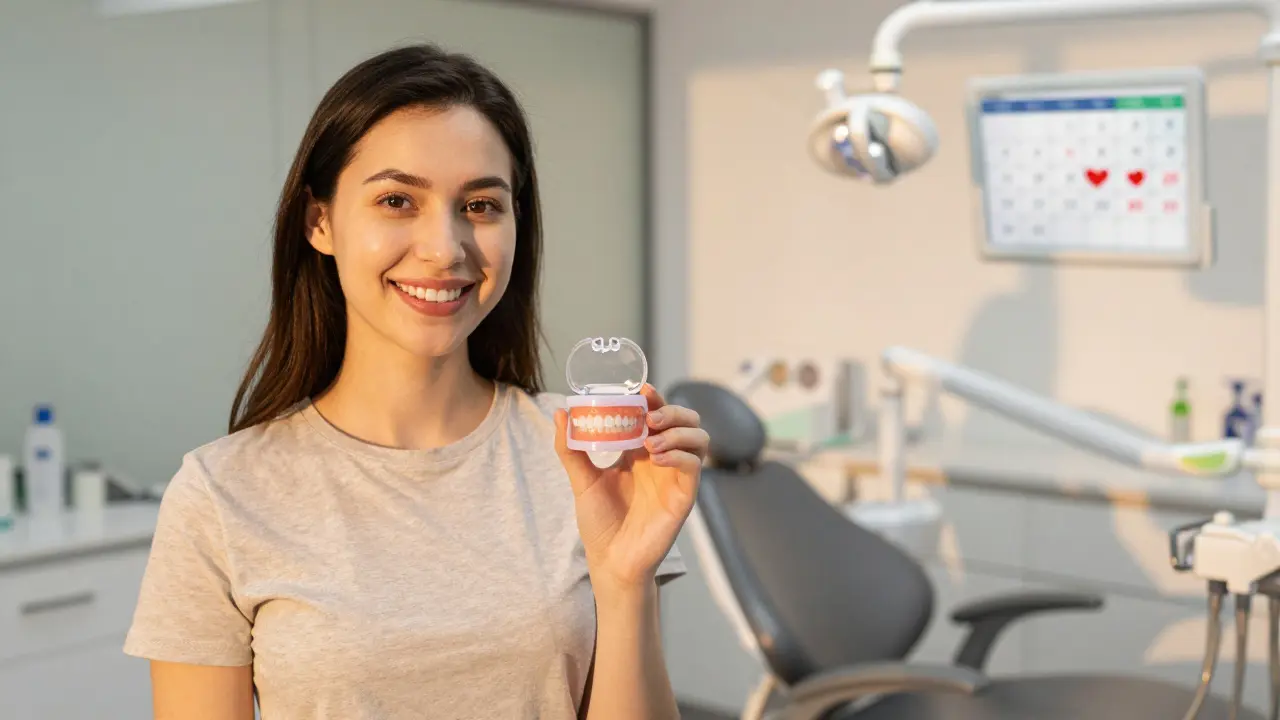 Pacient drží dočasnou fazetu a smíří se v předním vchodu zubní kliniky v Praze.