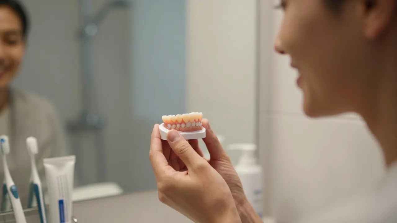 Pacient se dívá do zrcadla a užívá si svůj nový, přirozeně vypadající úsměv.