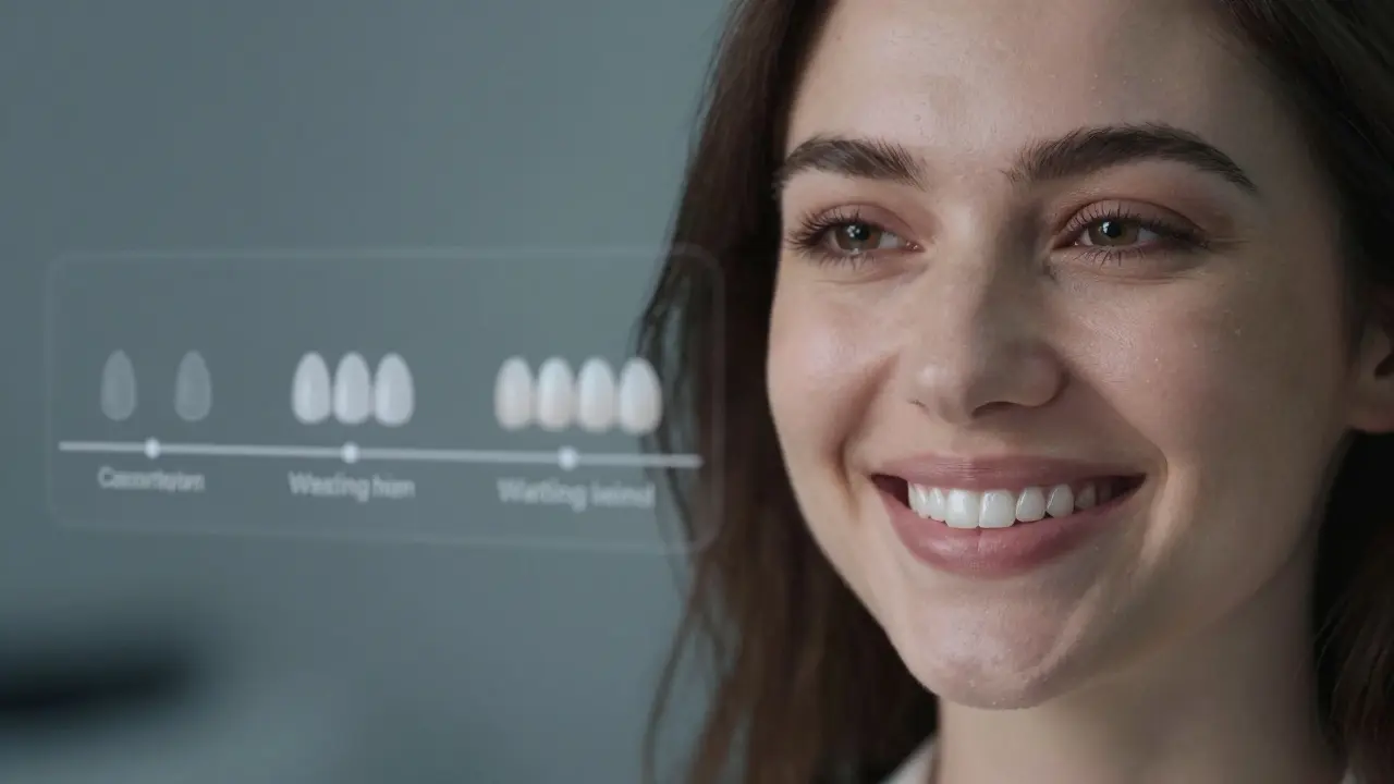Person smiling confidently in front of a mirror with perfect veneered teeth.