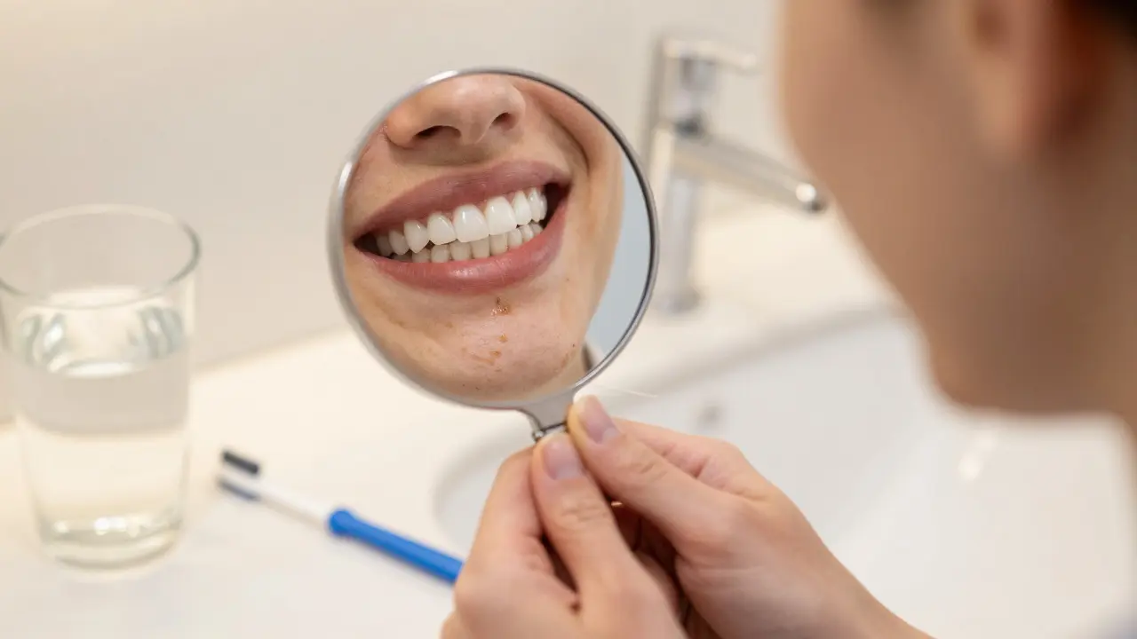 Person smiling in mirror showing natural-looking white dental fillings.