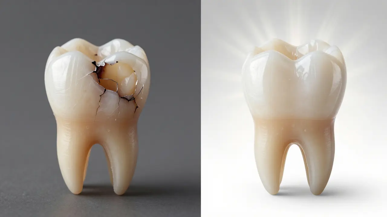 Porovnání poškozeného zubu s amalgamovou výplní a stejného zubu po obnově keramickým onlay.