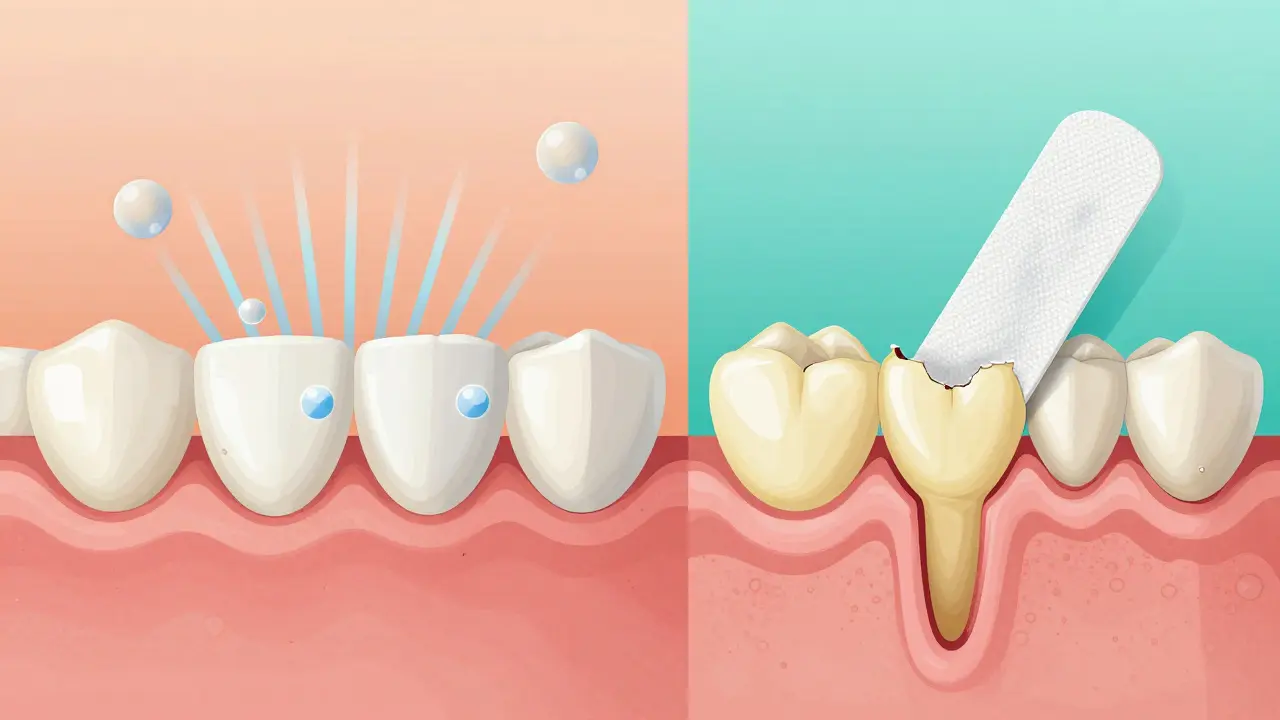 Porovnání ultrazvukového čištění a bělicích pásek: zdravé zuby vs. poškozená sklovina.