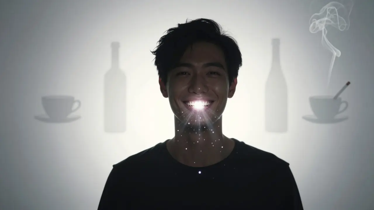 Postava ve tmě se usmívá, z jejích zubů vychází světelné záření, které rozptýlí stíny kávy a cigaret.