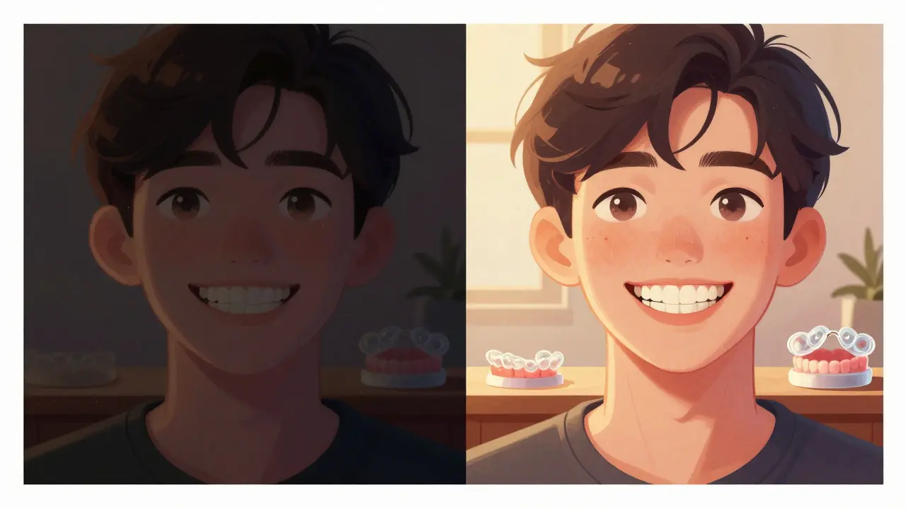Před a po ortodontické léčbě: od tmavého, nejistého výrazu k jasnému, světlému úsměvu.