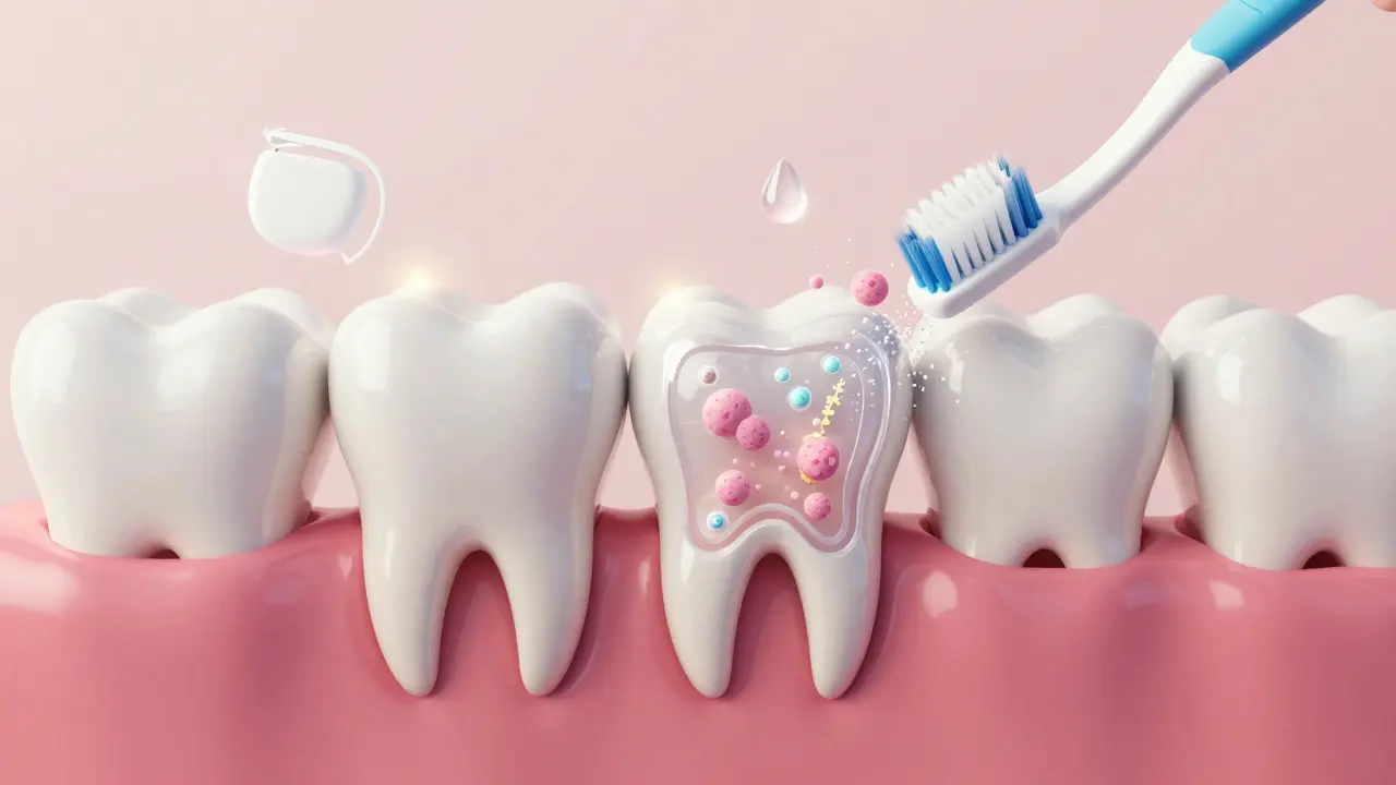 Přehledný pohled na odstranění zubního kamene z nitra zubu.