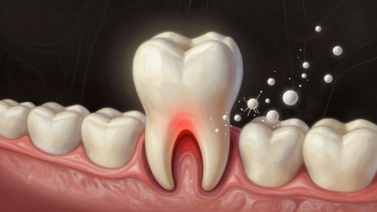 Průřez čelistí s infekcí šířící se z dřeně do kosti, s bílými krvinkami.