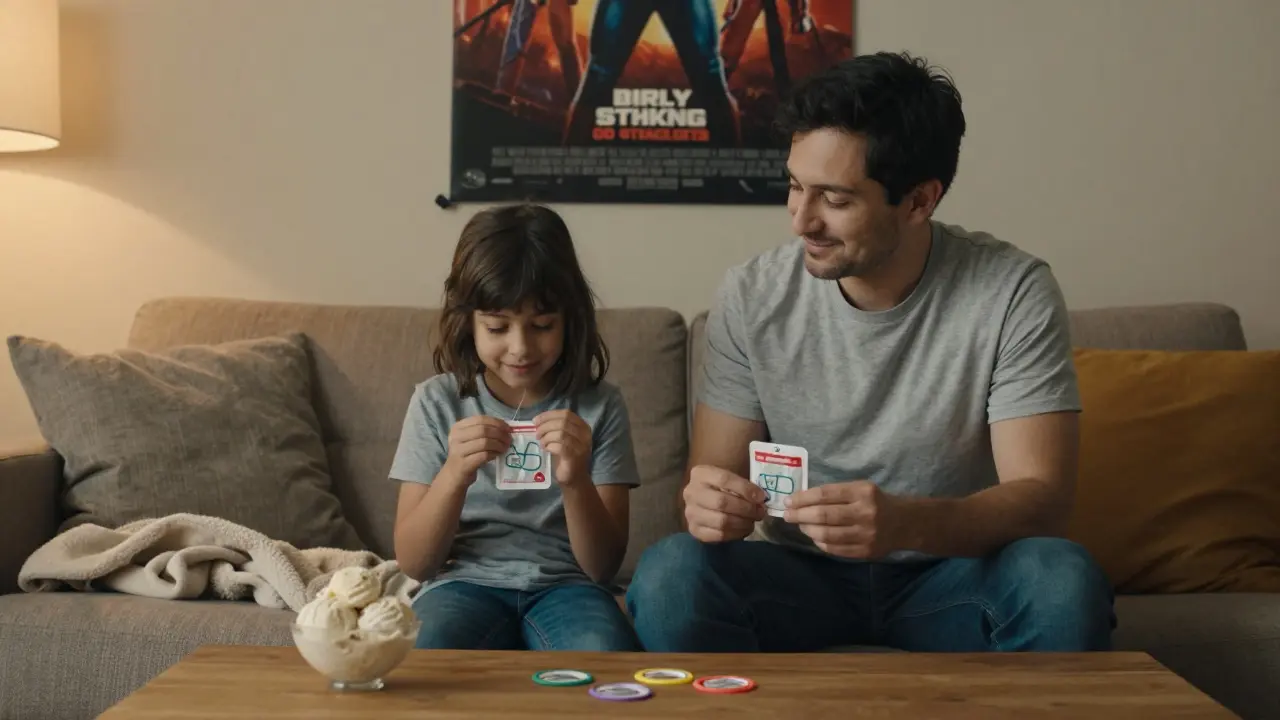 Rodič a dítě spolu připevňují gumičky na rovnátko na kanapě.