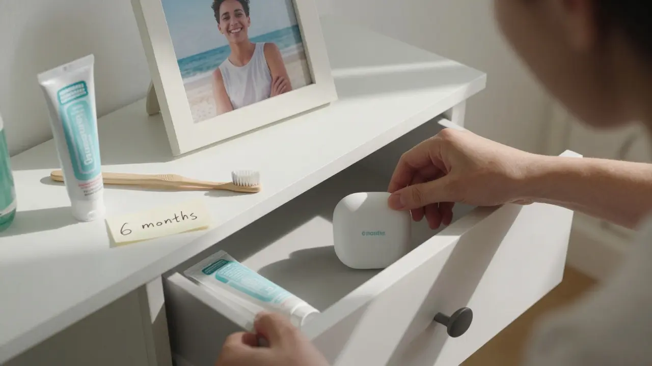 Ruka ukládá sadu na bělení do šuplíku vedle fotografie osoby, která se usmívá na pláži.