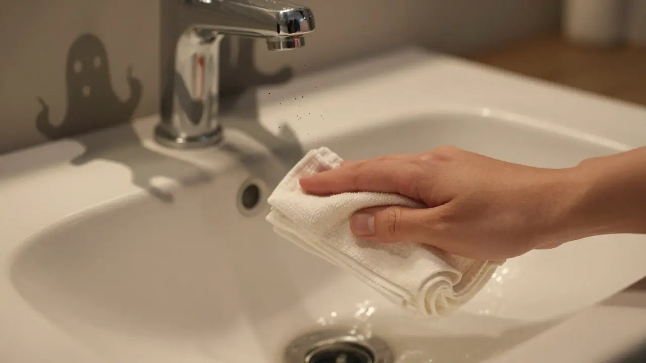 Ruka utírá keramické rovnátko měkkým hadříkem, odstraňuje škodlivé látky.