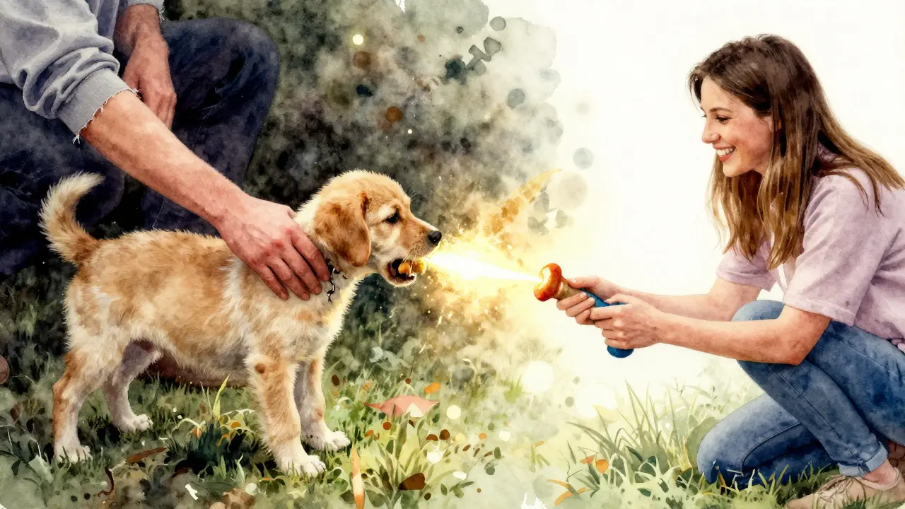 Štěně přechází od kousání ruky k hračce, symbolizující výchovu a změnu chování.