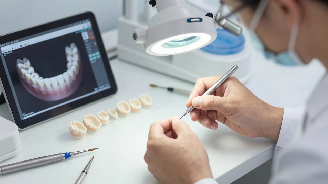 Technician crafting ceramic veneers in a dental laboratory with precision tools.