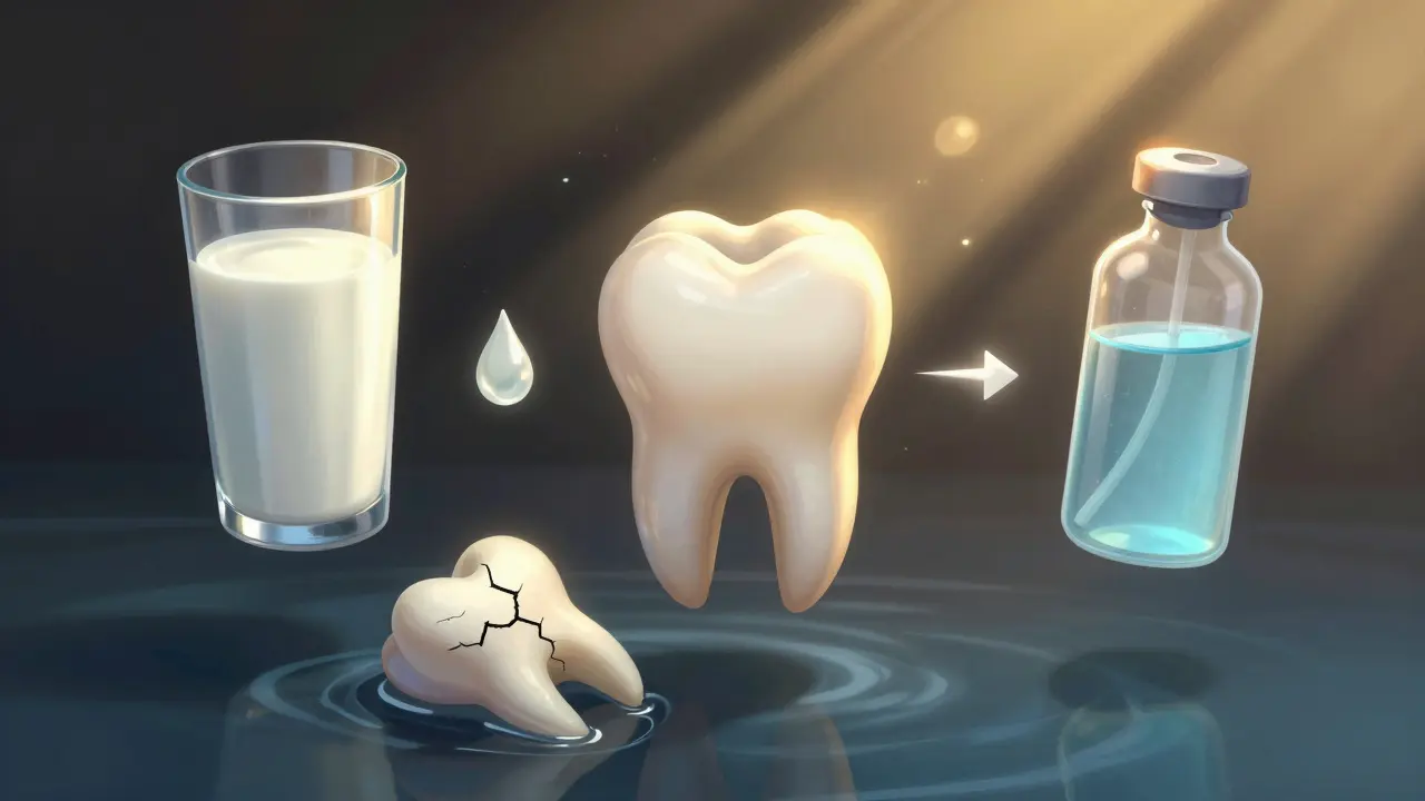 Tři možnosti udržení vytrženého zubu: mléko, slina a fyziologický roztok, zatímco voda zničí zub.