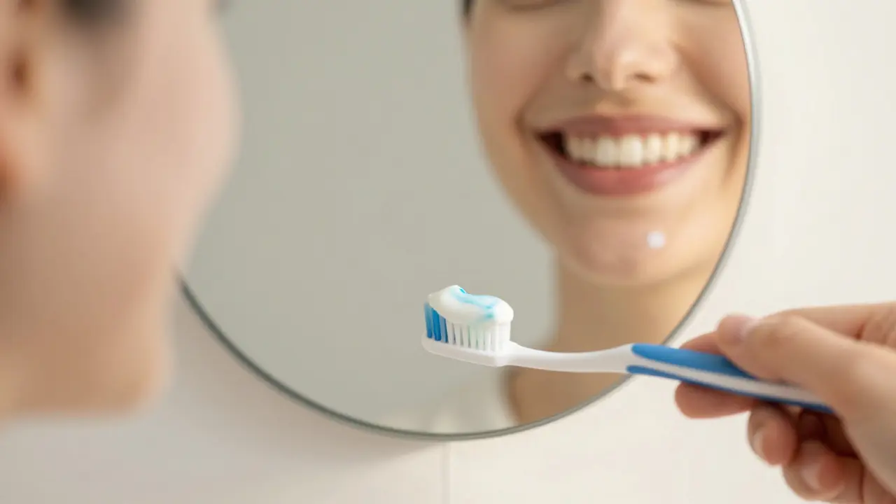 Zubní kartáček a zrcadlo symbolizují obnovu zdraví zubů.