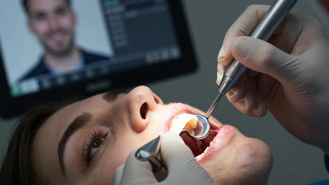 Zubní lékař instaluje keramický onlay na připravený zub s digitálním skenem na pozadí.