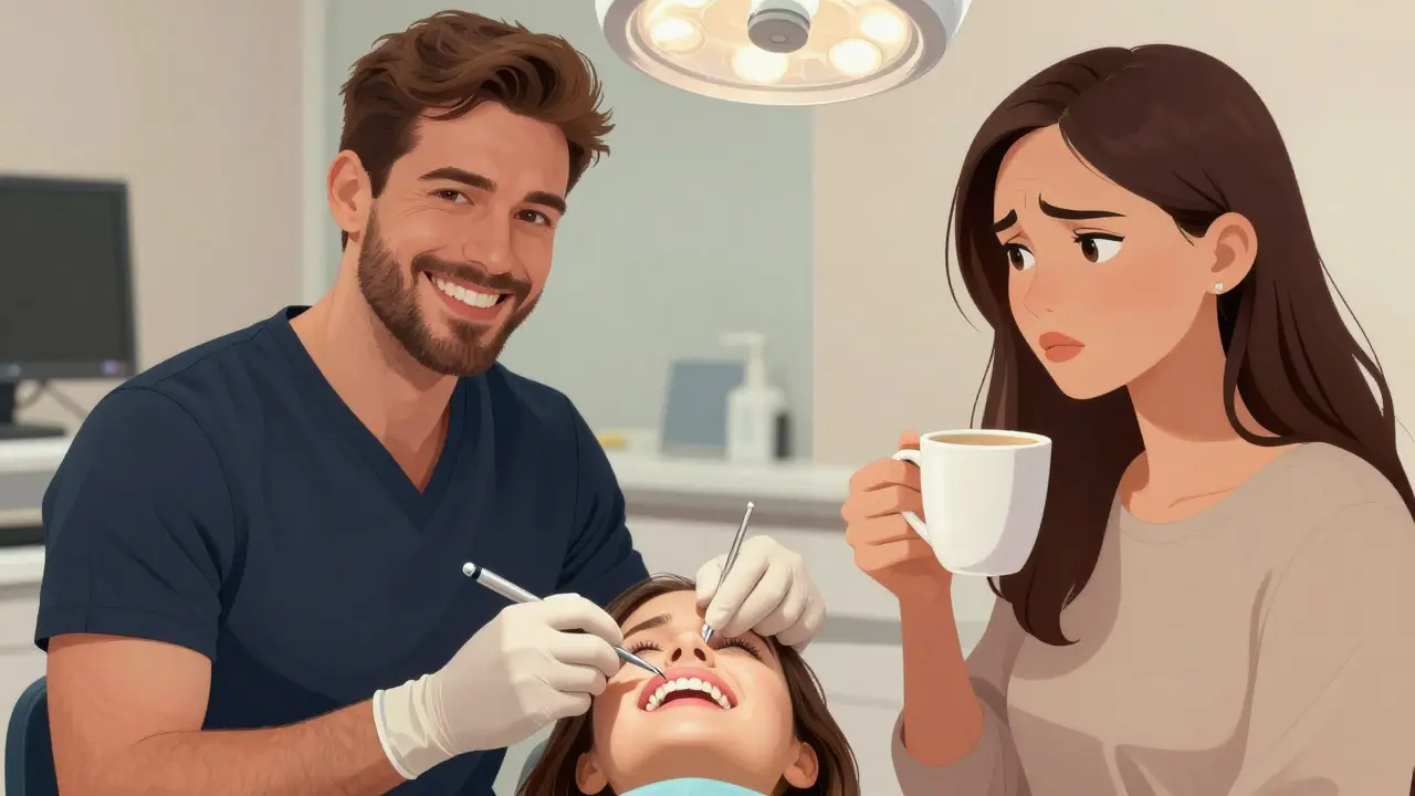 Zubní lékař instaluje zirkoniovou fazetu, souběžně ukázka sportovce a pacientky s kávou vedle fazet.