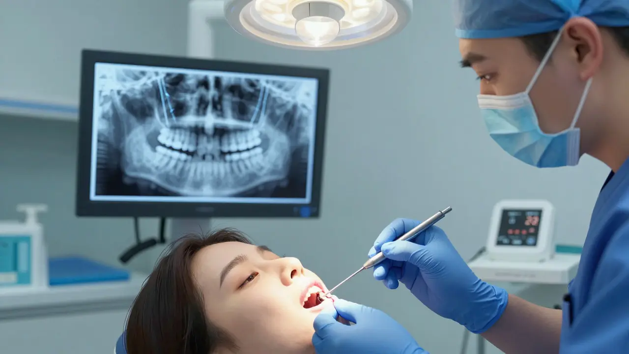 Zubní lékař přivádí vytržený zub zpět do dásně pomocí jemných šňůrek.