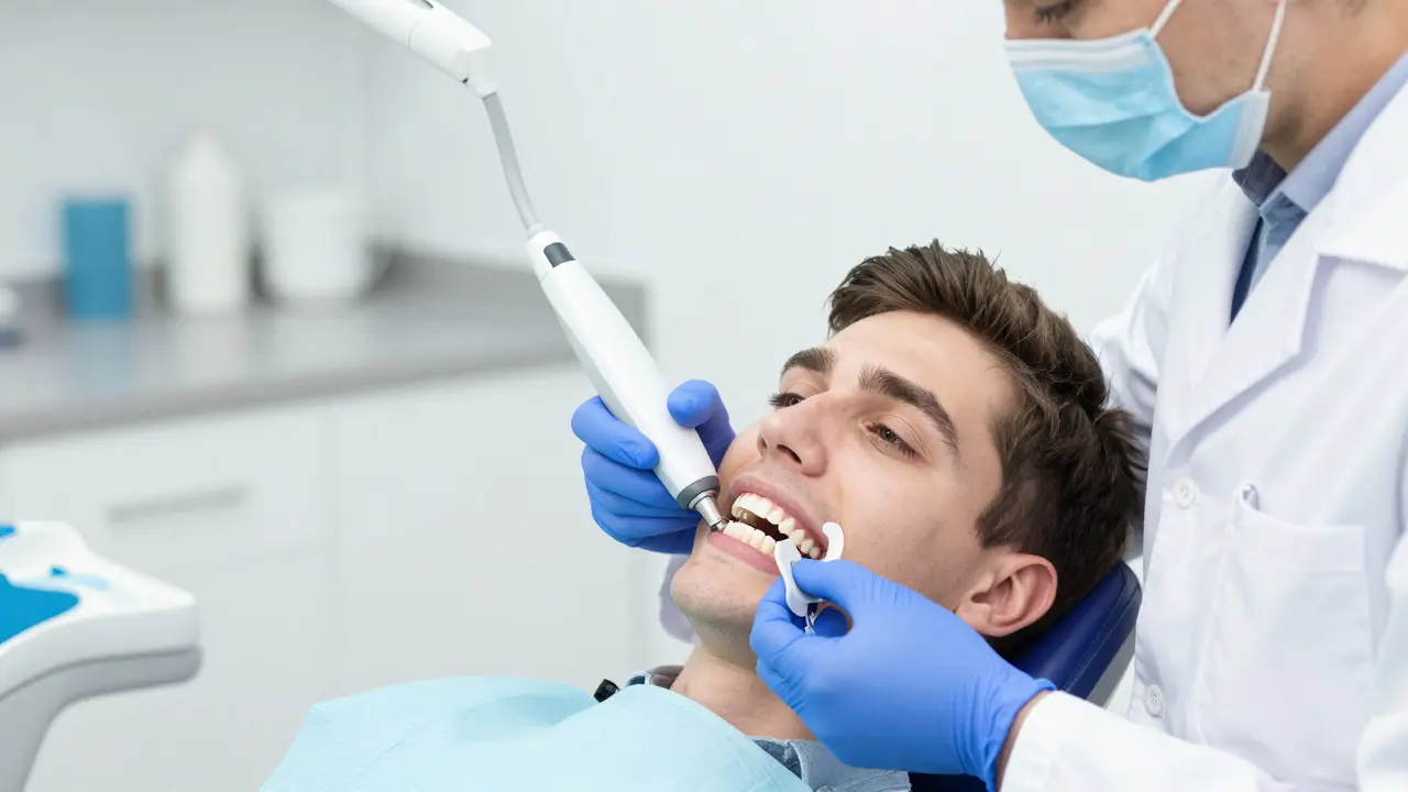 Zubní lékař v Praze připevňuje klipovou zubní protézu pomocí digitálního odtisku, pacient se cítí pohodlně.