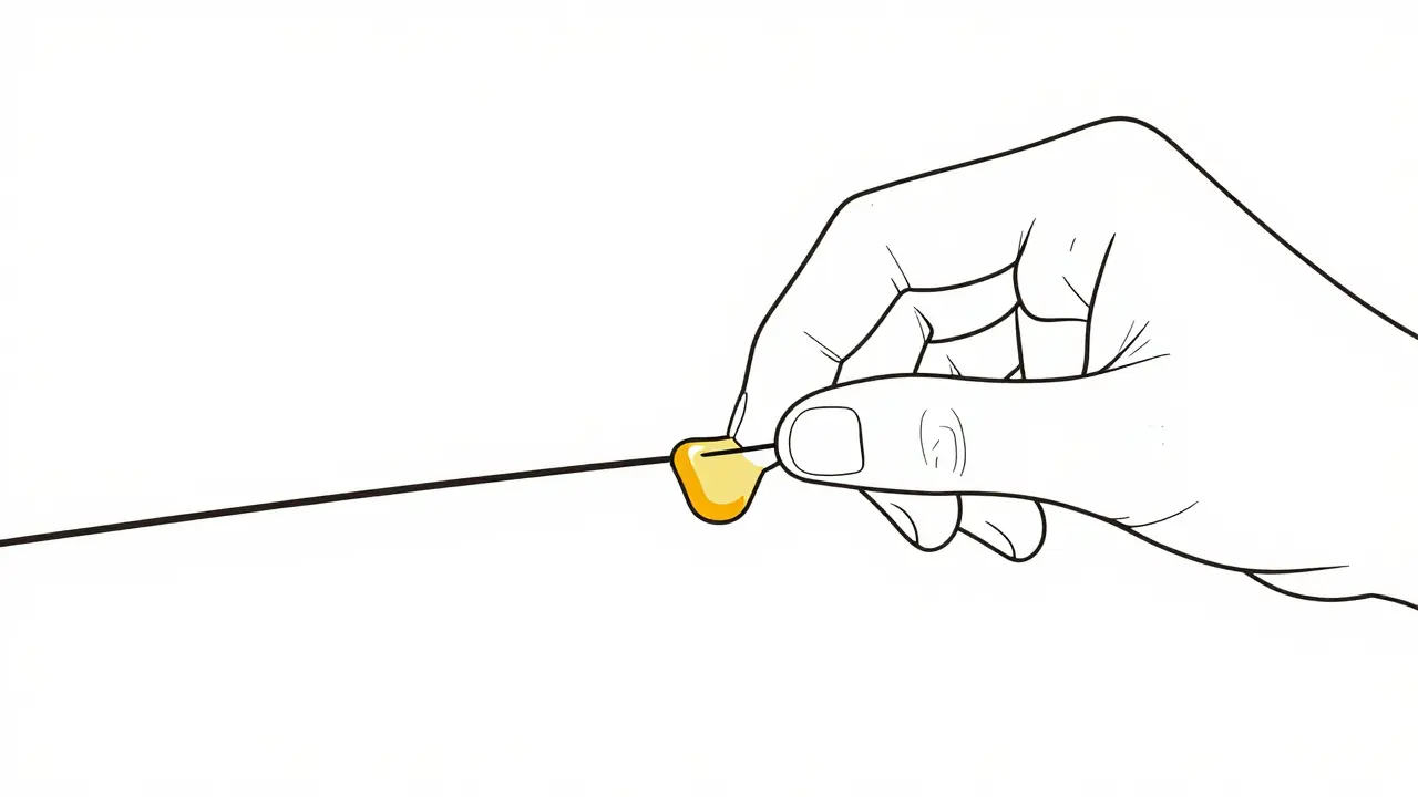 Aplikace ortodontického vosku na vysunutý drát.