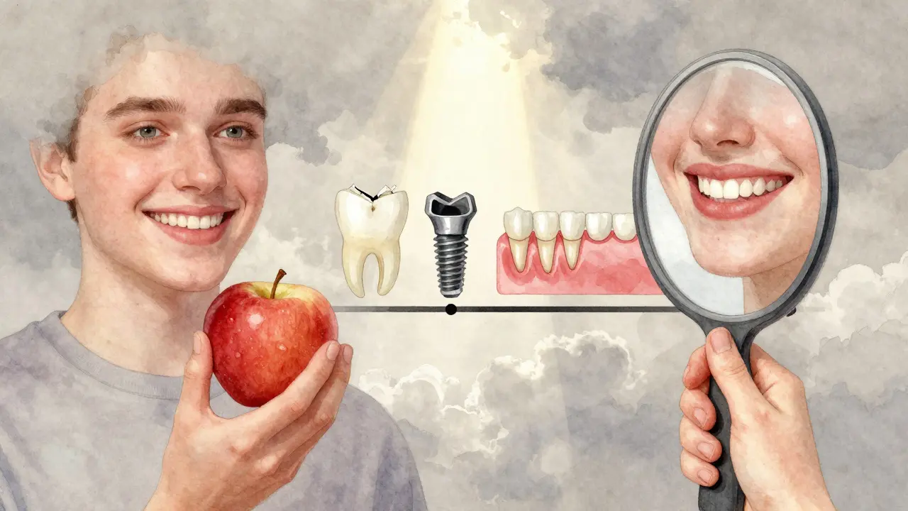 Člověk se usmívá do zrcadla, kde je vidět jeho obnovený chrup a časová osa rekonstrukce.