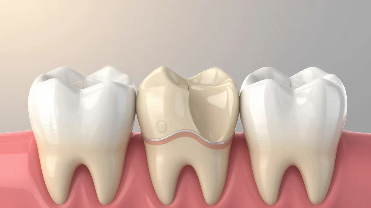 Cross-section of ultra-thin dental veneers being bonded to a slightly crooked tooth, highlighting material structure.