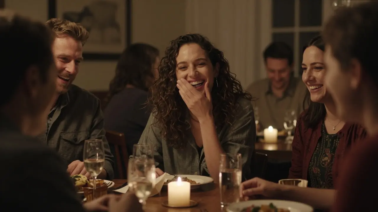 Dospělí lidé se smějí ve společnosti, jeden z nich otevřeně ukazuje úsměv bez rovnátek na zubech.