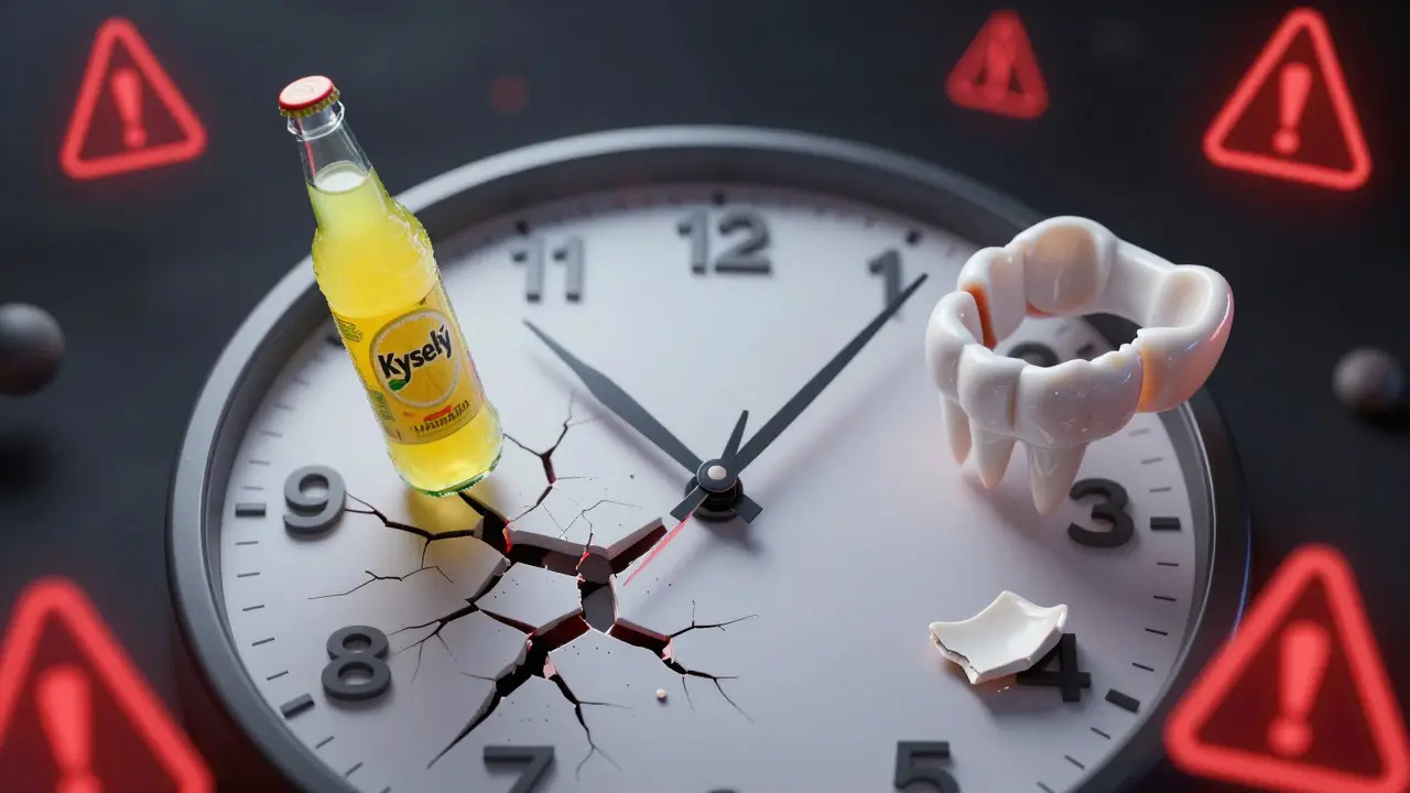 Hodiny s zuby jako ručičkami, symbolizující časový průběh poškozování zubů bez péče.