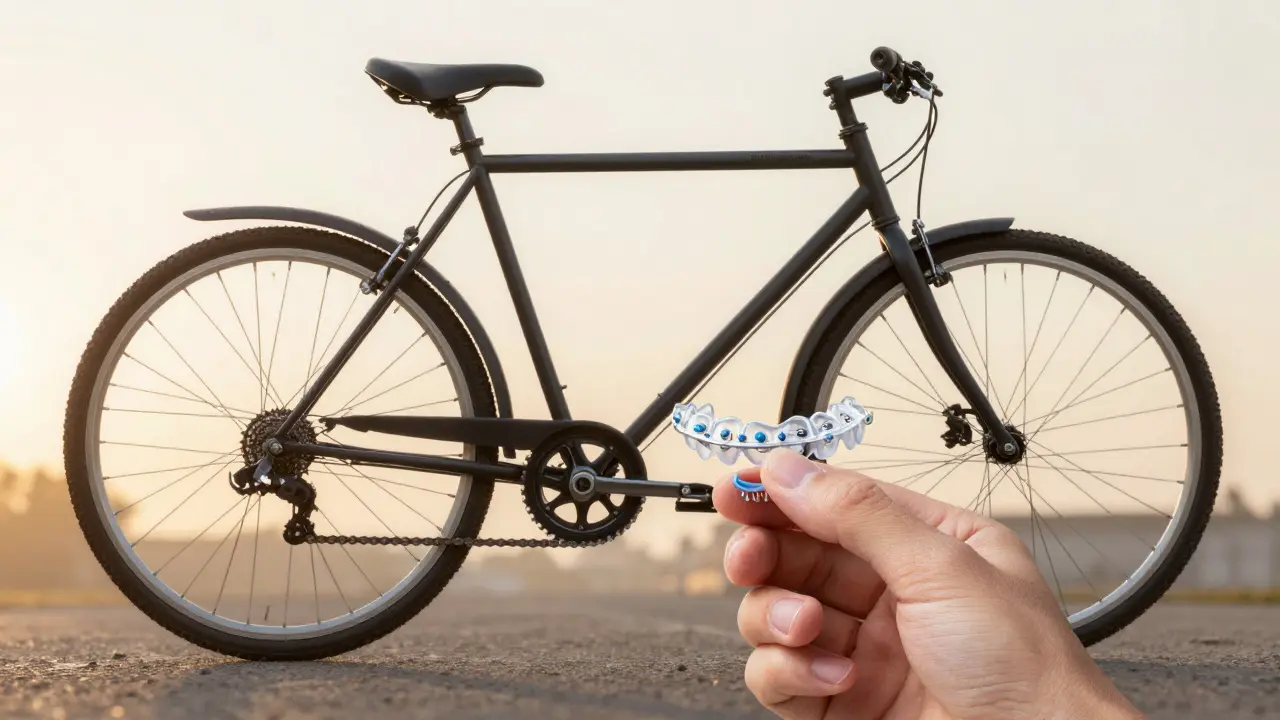 Kolo s deformovanými koly jako metafora nesprávného postavení zubů s ortodontickými zařízeními.