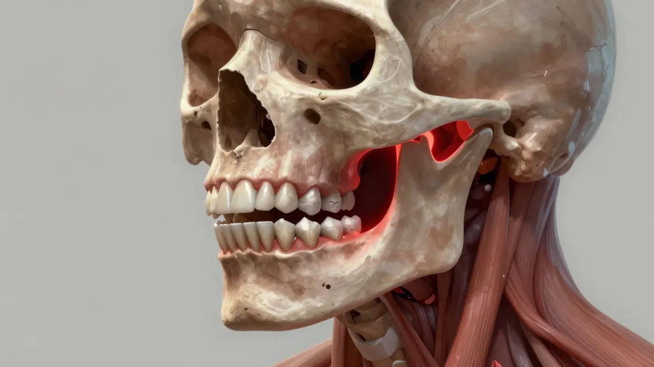 Kostěná lebka s nesprávně zarovnanými zuby a napjatými svaly čelisti.