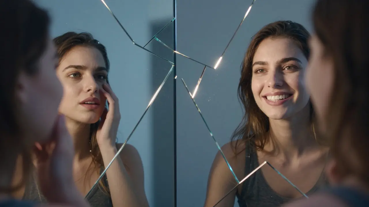 Lidé se proměňují od nepohodlí k sebevědomí, znázorněno rozděleným zrcadlem.