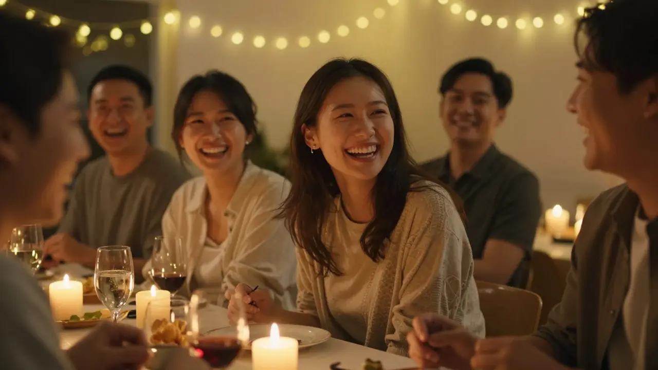 Lidé se smějí na večírku, jejich úsměvy jsou přirozené a bez zaváhání.