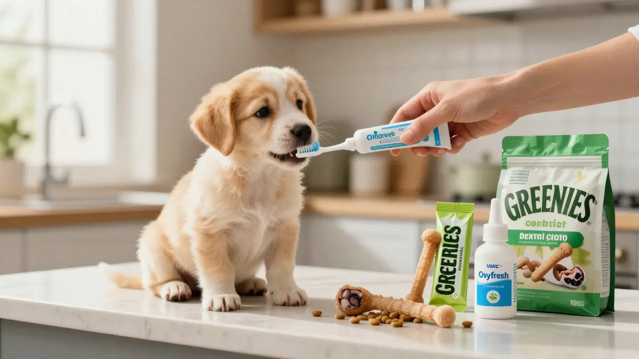 Majitel čistí zuby svému psu kartáčkem a speciální pastou v domácím prostředí.