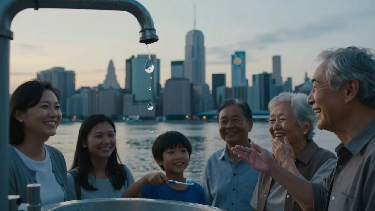 Město s fluoridovanou vodou a lidmi se zdravými zuby na pozadí.