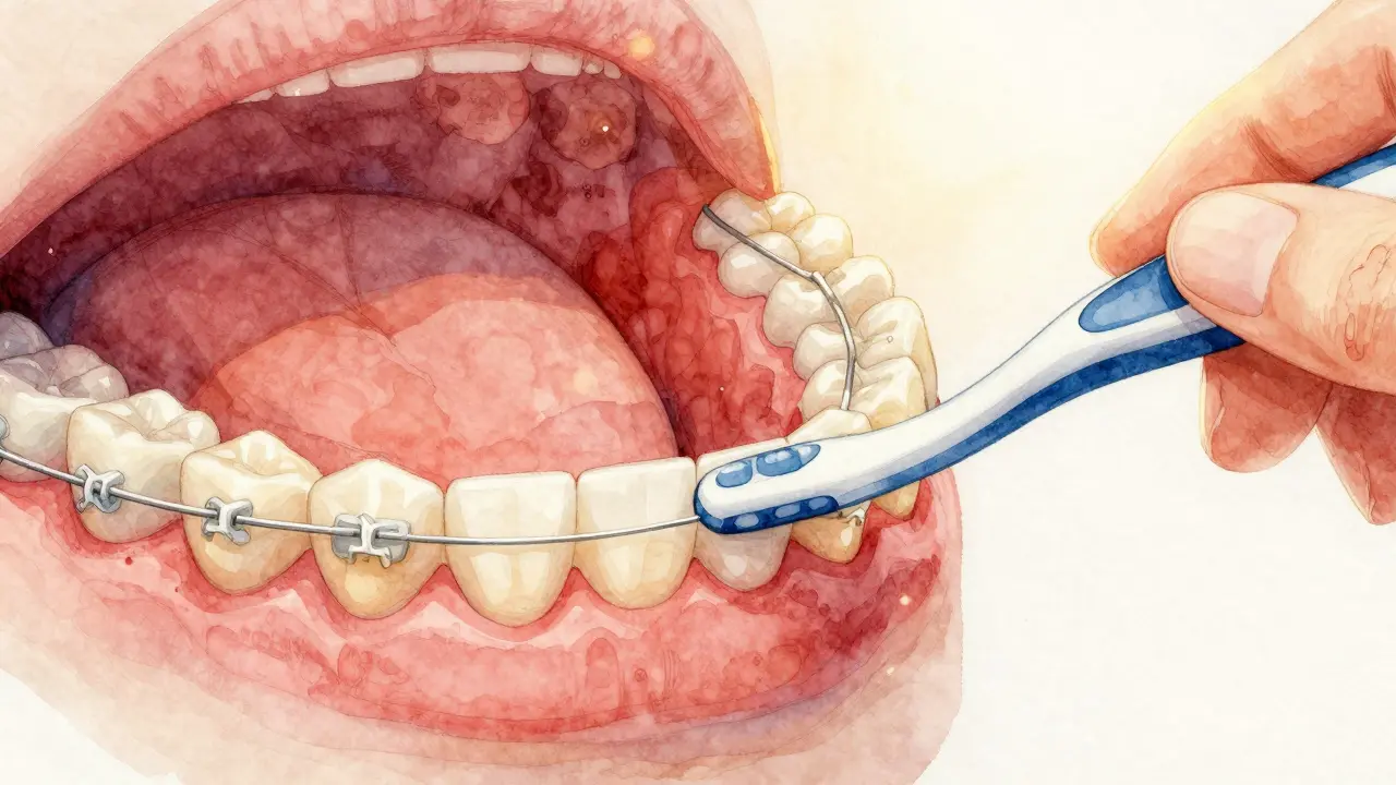 Mezizubní kartáček čistí mezi dráty fixních rovnátek.
