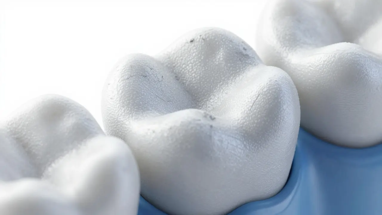 Mikroskopický detail zubní sklovinky poškozené příliš abrazivní pastou.