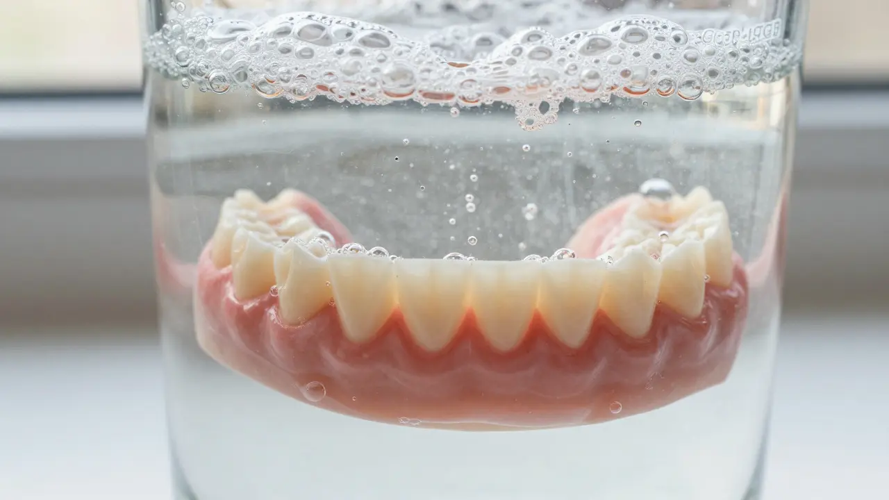 Nasazovací zuby ponořené v pěnivém roztoku Corega s jemnými bublinkami.